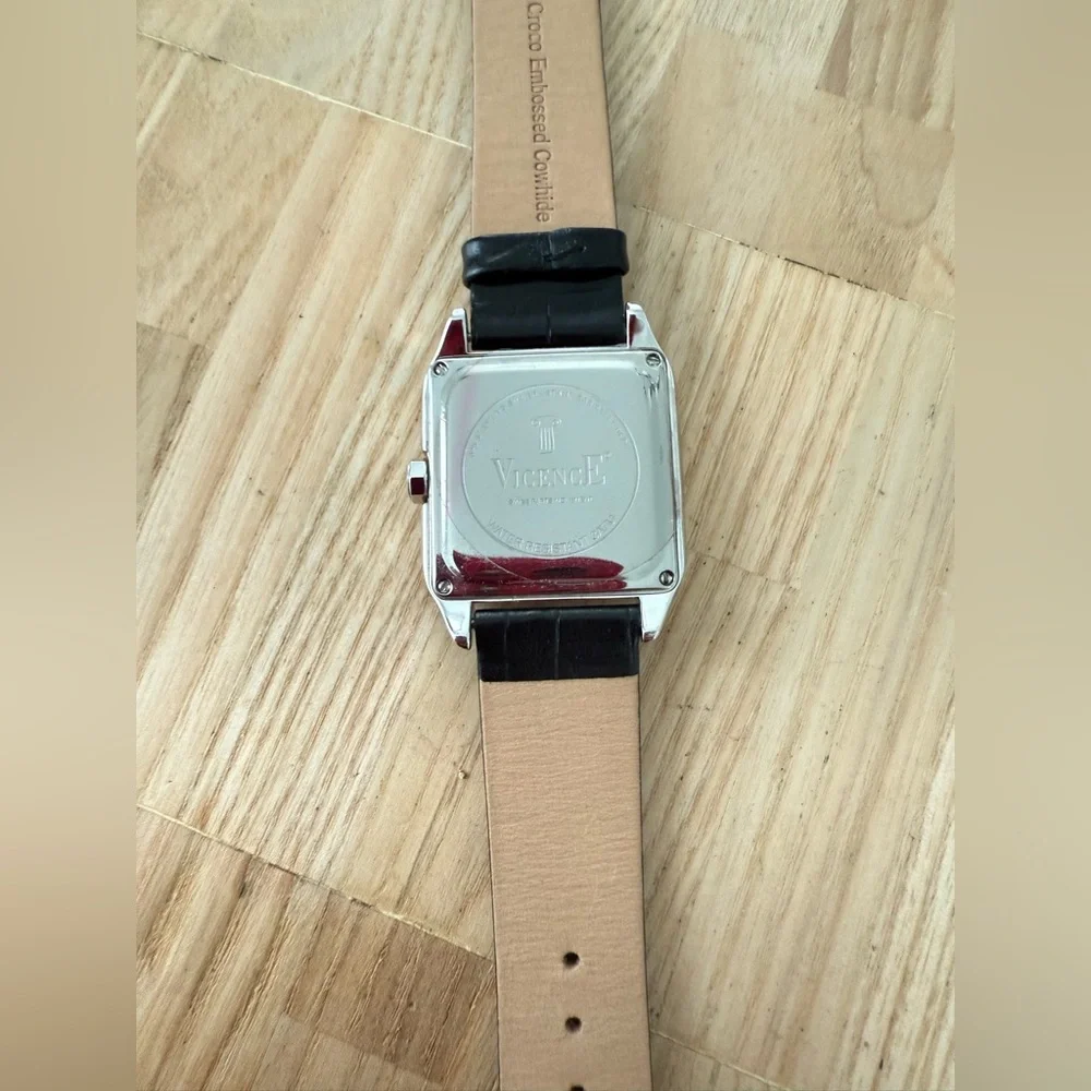 Vicence 925 Sterling silver square black leather dress watch NEW BATTERY